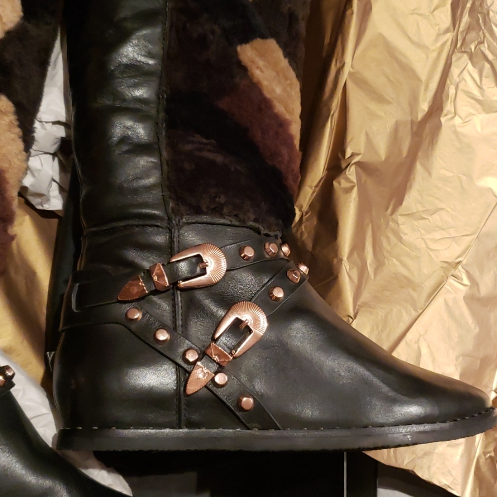Ivy Kirzhner New BOOTS Luxe TALL Hidden Wedge Stud Leather Shearling BLACK - Picture 14 of 16